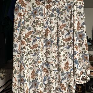 LOFT Floral Ruffle Blouse with Blue and Brown Accents Size XL